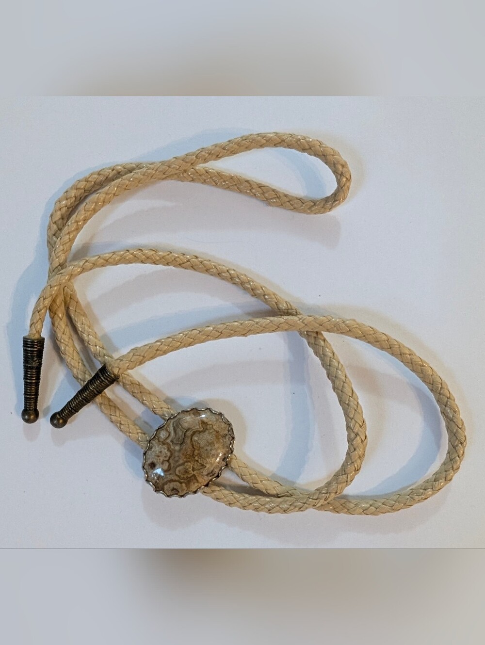 Crazy Lace Agate Braided Leather Bolo Tie Stone Medallion Western Vintage